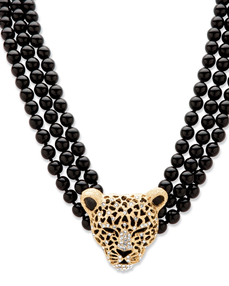 Front of a size 20 in Onyx and Crystal Leopard Beaded Necklace in Yellow Goldtone in Black by PalmBeach Jewelry. | dia_product_style_image_id:333245